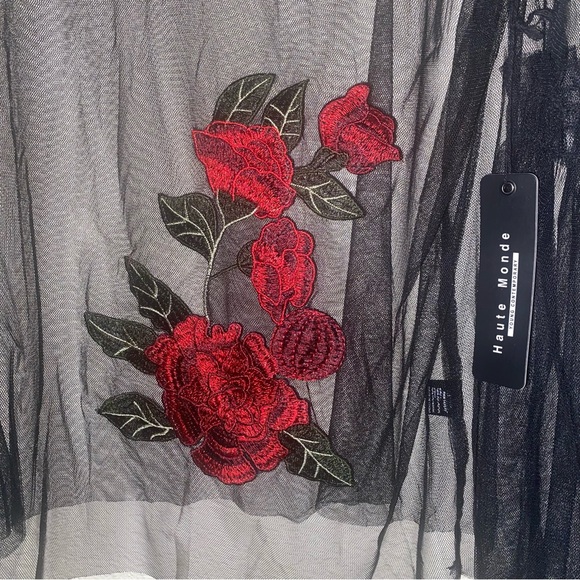 #HM135- NWT Haute Monde Black Sheer Mesh Blouse with Red Floral Design - Picture 3 of 7